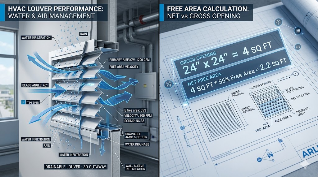 A technical HVAC engineering diagram showing a drainable louver cutaway and a free area calculation formula.