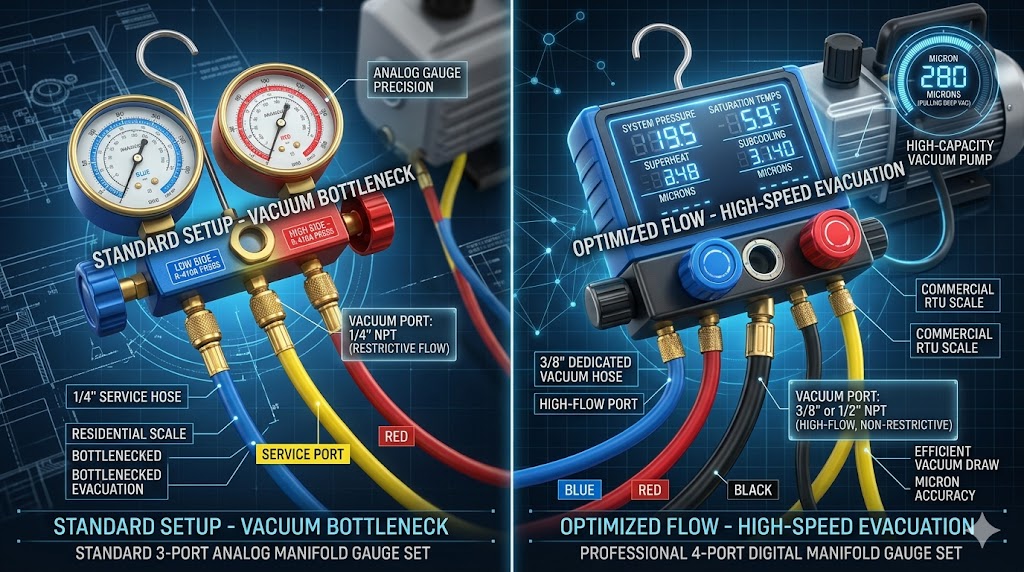 A technical comparison between a 3-port analog manifold and a 4-port digital manifold highlighting vacuum hose diameter and evacuation speed.