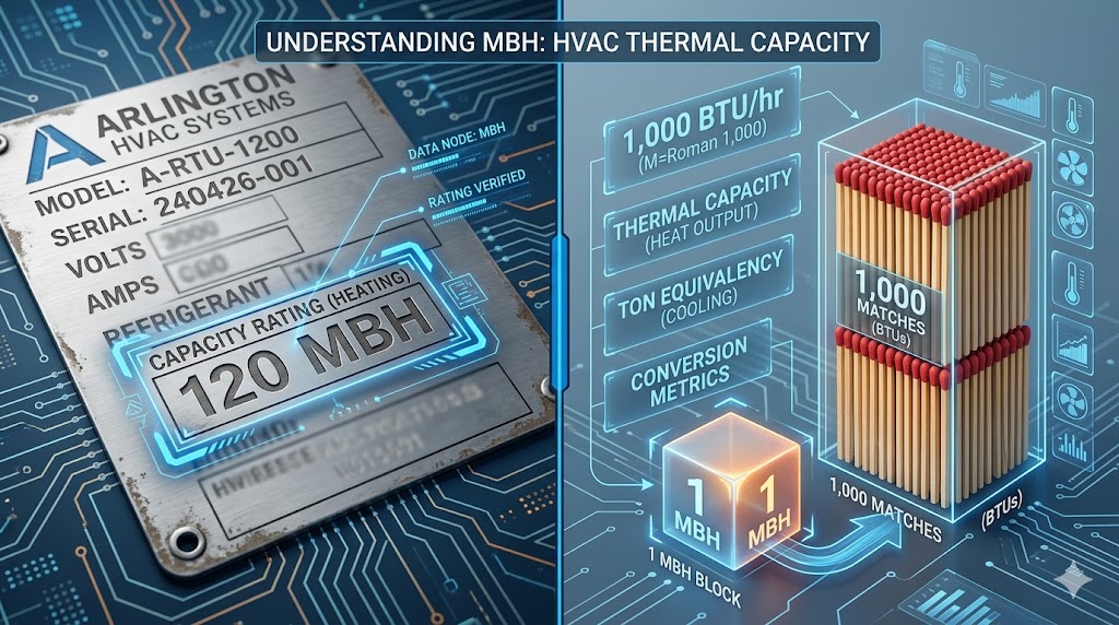 A technical HVAC diagnostic split-screen showing a metal data plate with MBH ratings and an infographic explaining the 1,000 BTU to 1 MBH ratio.