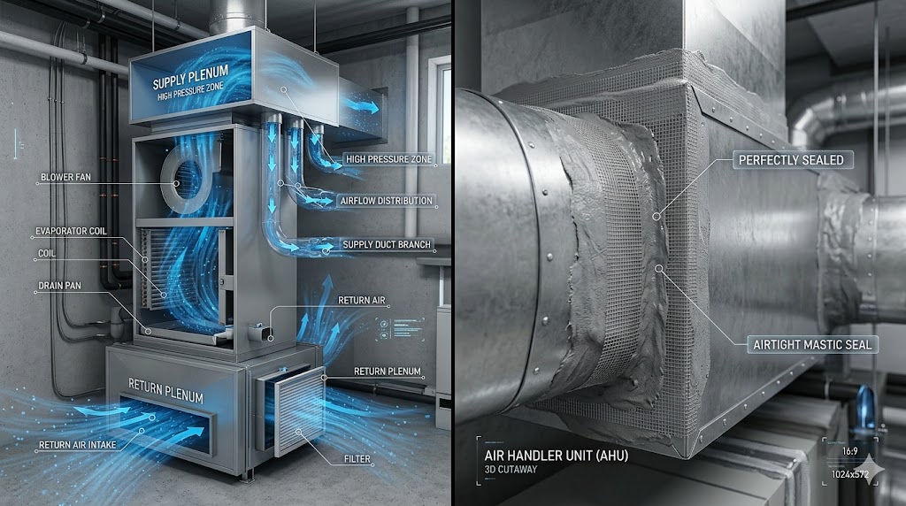 A technical HVAC diagnostic split-screen showing a 3D cutaway of an air handler plenum system and a close-up of a mastic-sealed joint.