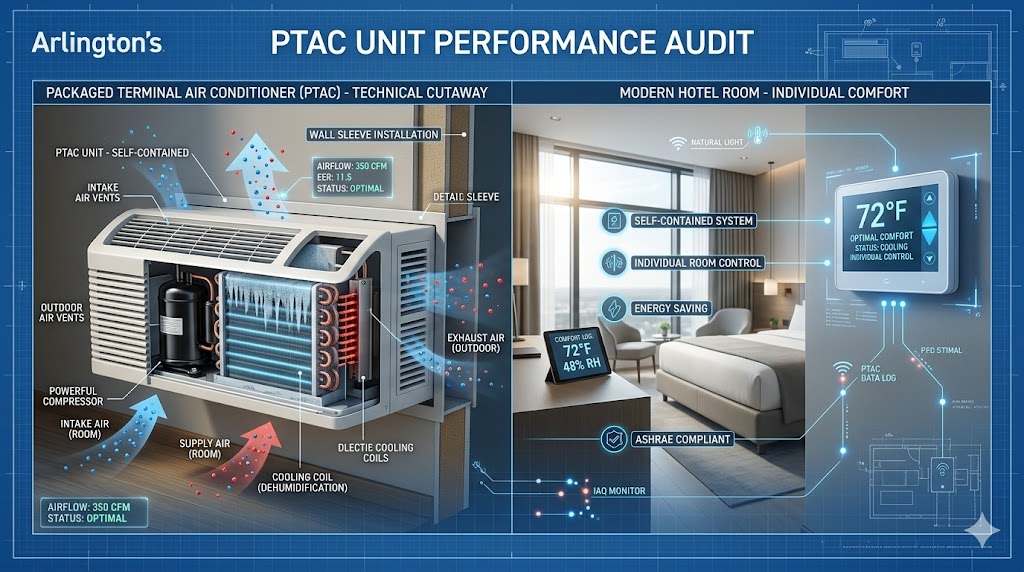 A technical HVAC diagnostic visualization comparing a PTAC unit cutaway with a modern hotel room interior.