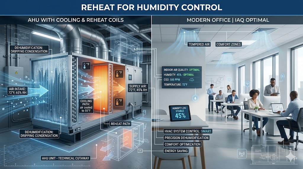 A technical comparison of an AHU with cooling and reheat coils managing indoor humidity in a modern office.