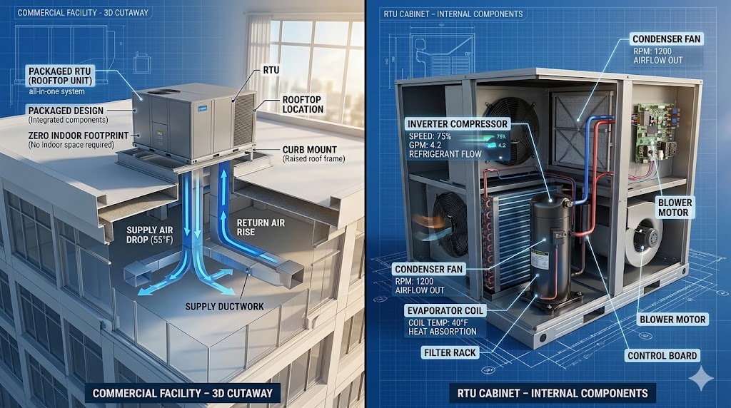 A technical 3D split-screen diagnostic showing a commercial building RTU installation and an internal cabinet component breakdown.