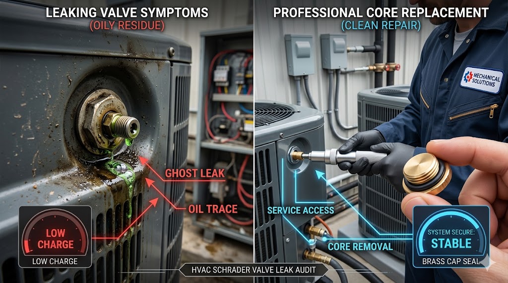 A comparison between a leaking HVAC service port with oily residue and a professional repair using a valve core removal tool and a brass cap.
