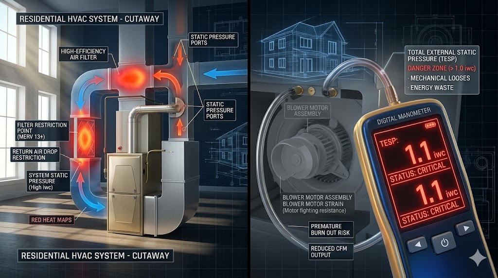 A technical 3D split-screen diagnostic showing a residential HVAC air handler with high-resistance heat maps and a digital manometer reading critical static pressure.