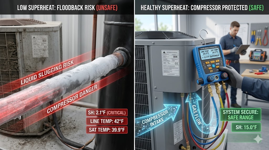 A technical split-screen showing an HVAC suction line with frost buildup (low superheat) vs. a digital gauge measuring healthy superheat for compressor protection.