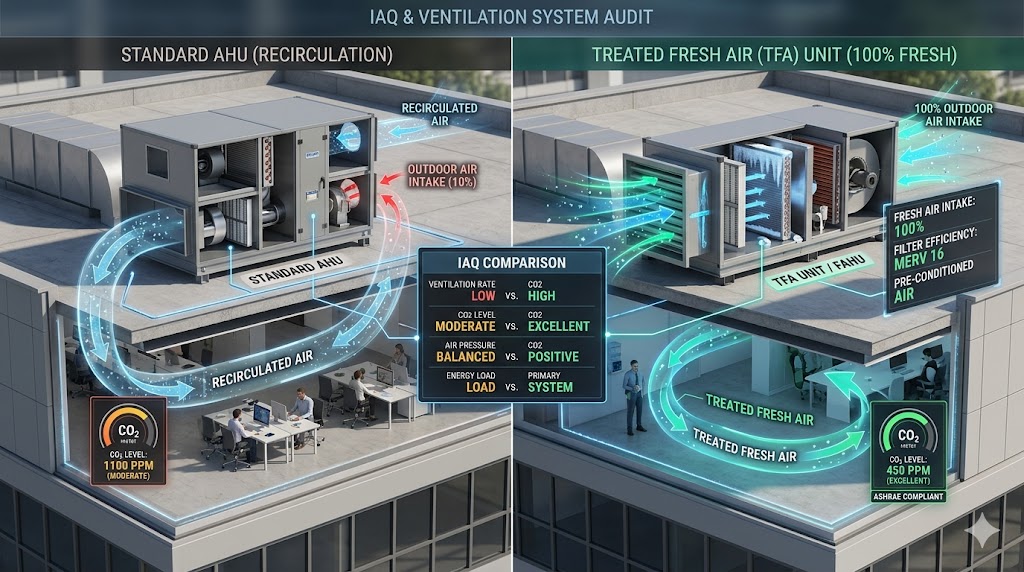 A technical architectural split-screen comparing a standard Air Handling Unit with air recirculation versus a Treated Fresh Air (TFA) unit providing 100% fresh outdoor air.