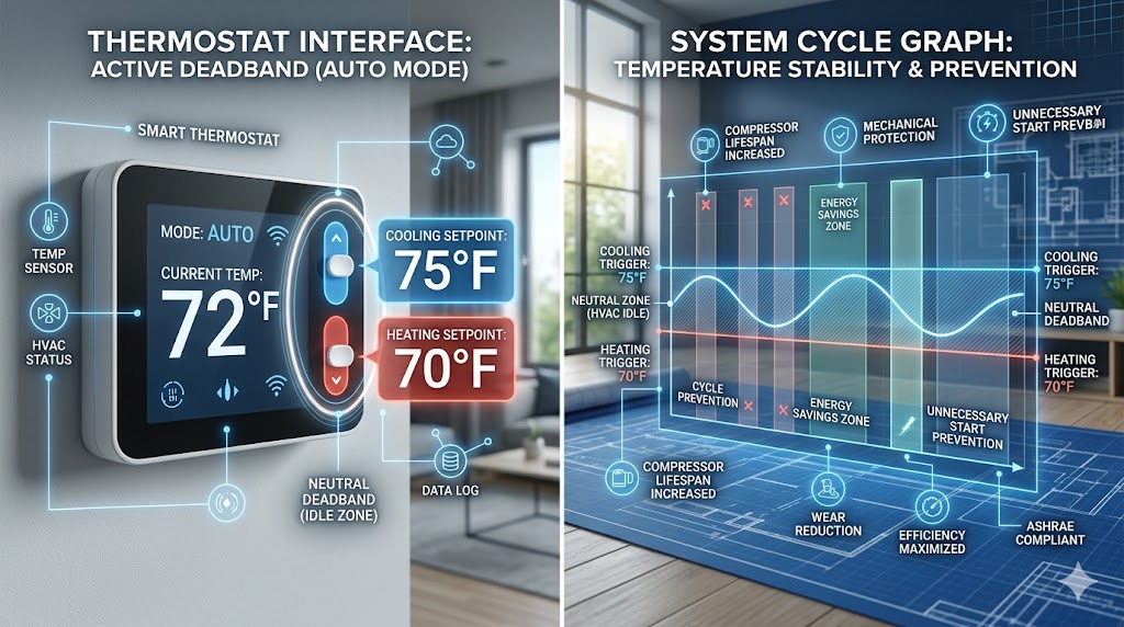 A technical comparison of a smart thermostat's deadband interface and a system cycle graph showing temperature stability.