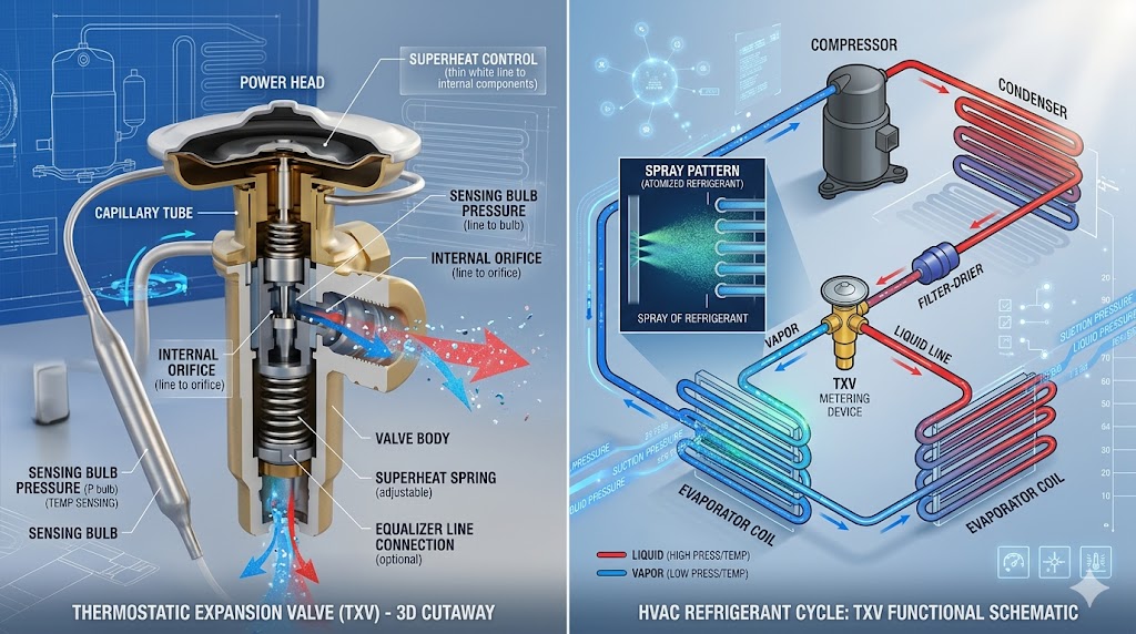A technical 3D split-screen diagnostic showing a TXV valve cutaway and its functional schematic within the HVAC refrigerant cycle.