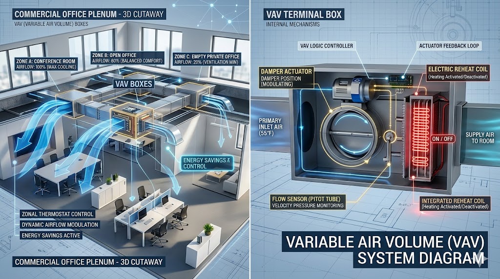 A technical 3D split-screen diagnostic showing a commercial office plenum with VAV boxes and a detailed internal view of a VAV terminal box.