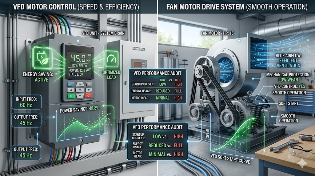 A technical comparison showing a Variable Frequency Drive (VFD) controlling motor speed at 45Hz for energy savings versus a traditional fan motor system.