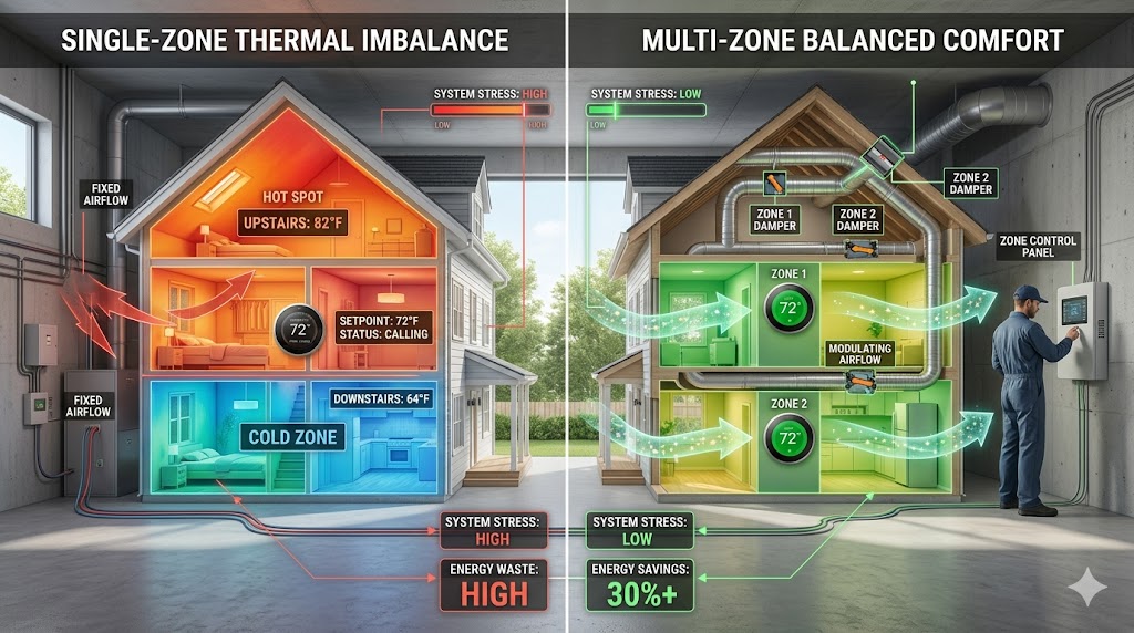 A technical comparison of a two-story home showing a single-zone thermal imbalance versus a multi-zone system with balanced temperatures and motorized dampers.