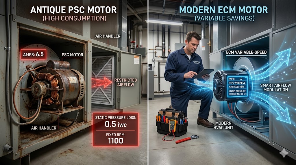 A technical split-screen comparison showing an old, high-amperage PSC motor with restricted airflow versus a modern ECM variable-speed motor with smart airflow modulation.