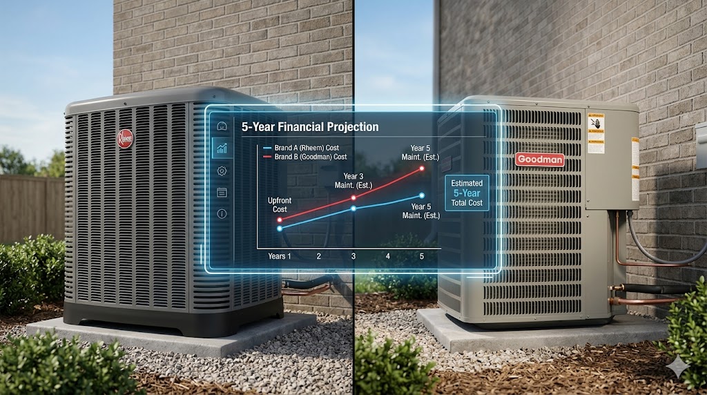 Split-screen comparison of Rheem and Goodman AC units with a digital dashboard showing a 5-year financial cost projection graph.
