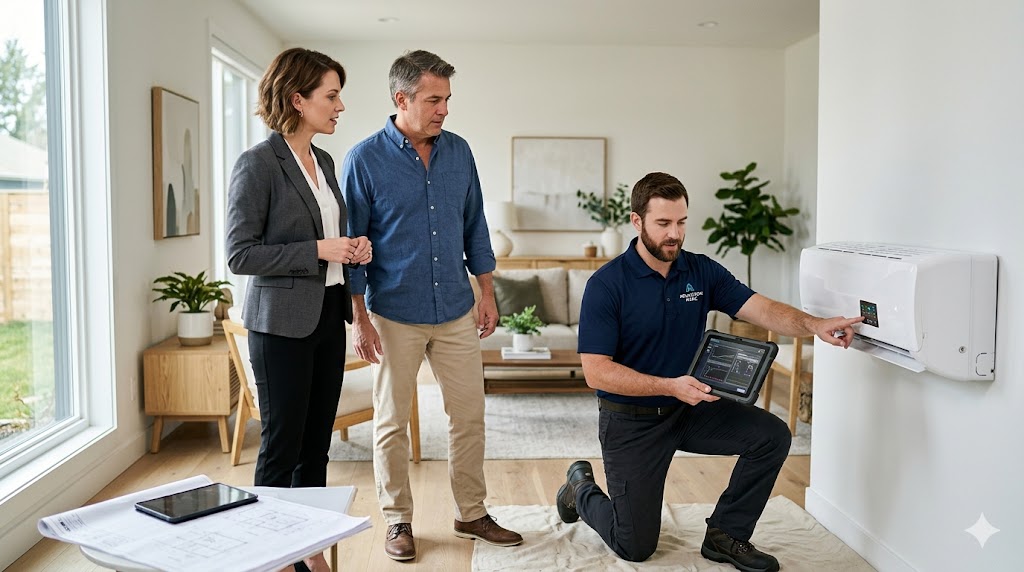 A real estate agent and homeowner discussing an AC inspection report with a professional HVAC technician.