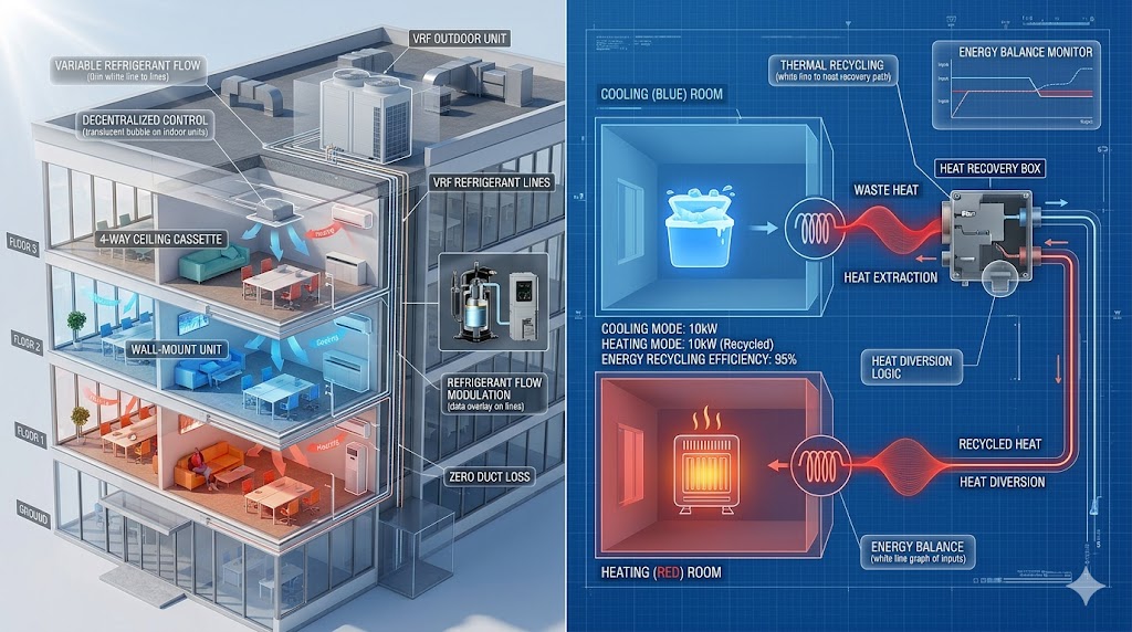 A technical 3D split-screen visualization of a VRF HVAC system in a commercial building showing multi-zone thermal recycling.