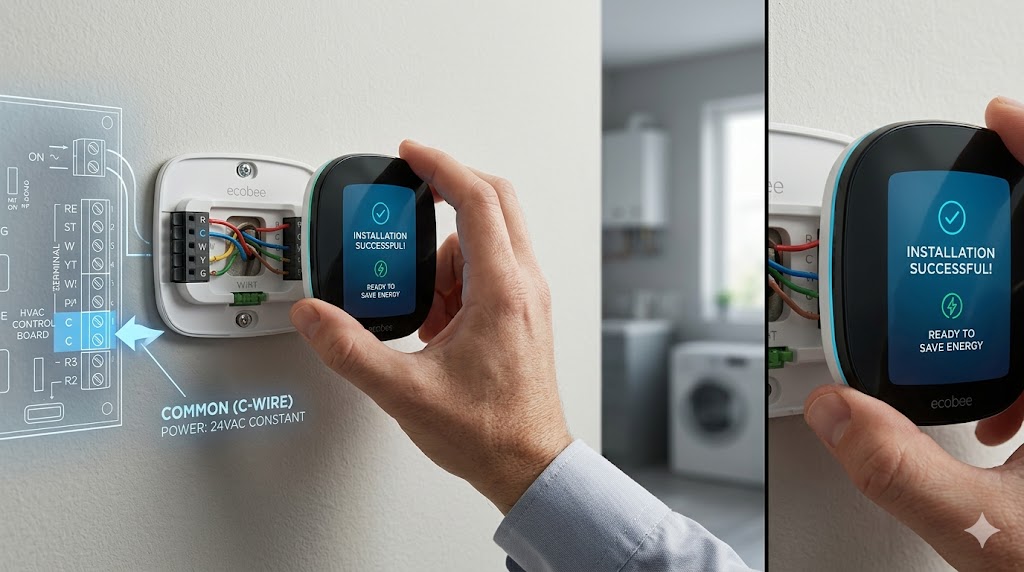A hand installing an Ecobee thermostat onto a wall plate with a technical overlay showing the C-wire (Common) connection to the HVAC control board.