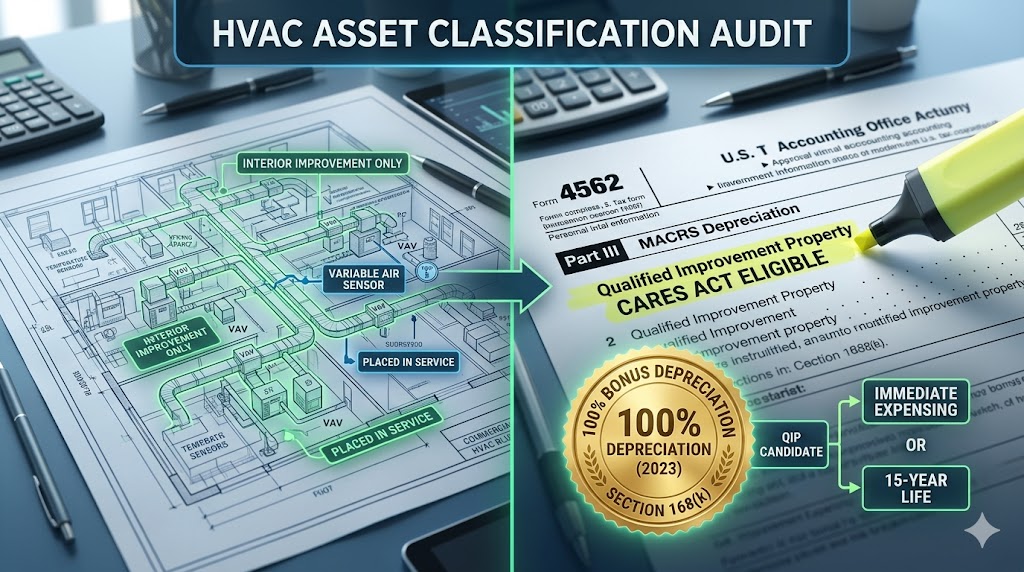 A commercial HVAC blueprint next to a tax form 4562 showing 100% bonus depreciation for Qualified Improvement Property.