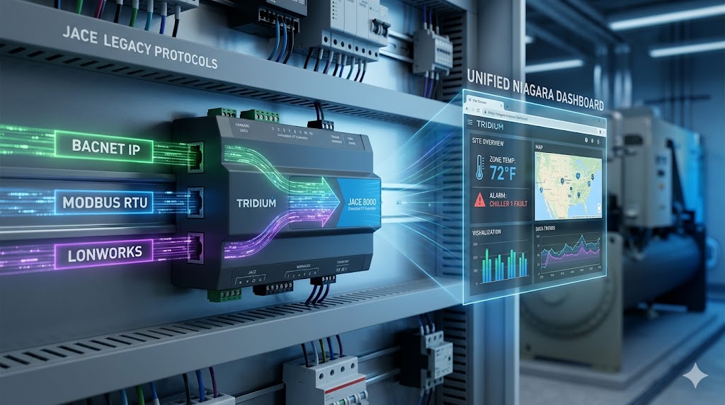 A Tridium JACE 8000 controller in an electrical panel showing BACnet, Modbus, and LonWorks protocols being unified into a single Niagara dashboard.