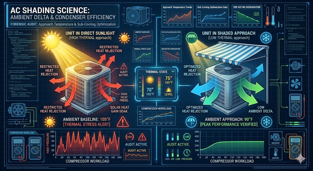 A technical engineering infographic showing the thermodynamic impact of shade on an air conditioner condenser, highlighting lower head pressure and improved heat rejection.