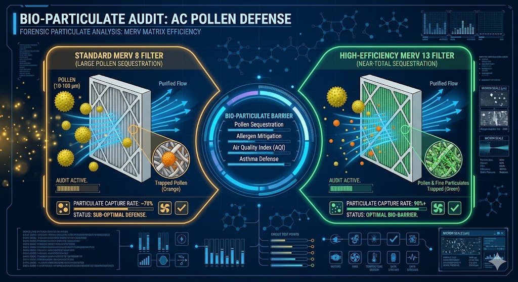 A technical HVAC engineering infographic explaining how air conditioners filter pollen using MERV-rated matrices, comparing large particulate capture against purified indoor airflow.