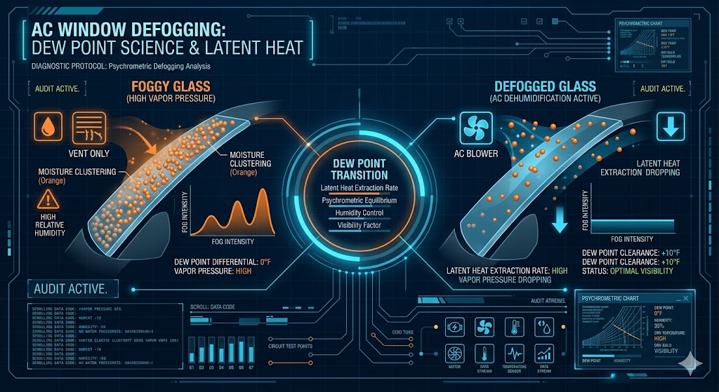 A technical engineering infographic explaining the physics of how air conditioners defog windows by lowering the dew point and removing latent heat from the atmosphere.