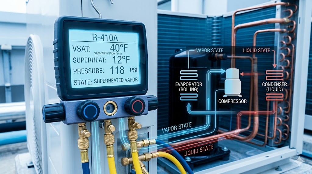 digital manifold gauge showing VSAT and Superheat readings on a heat pump condenser with a technical overlay of the refrigerant cycle.