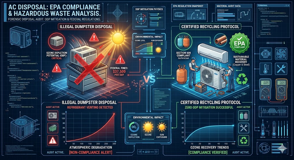 A technical HVAC engineering infographic illustrating the illegal disposal of air conditioners in dumpsters versus certified refrigerant recovery and recycling protocols.