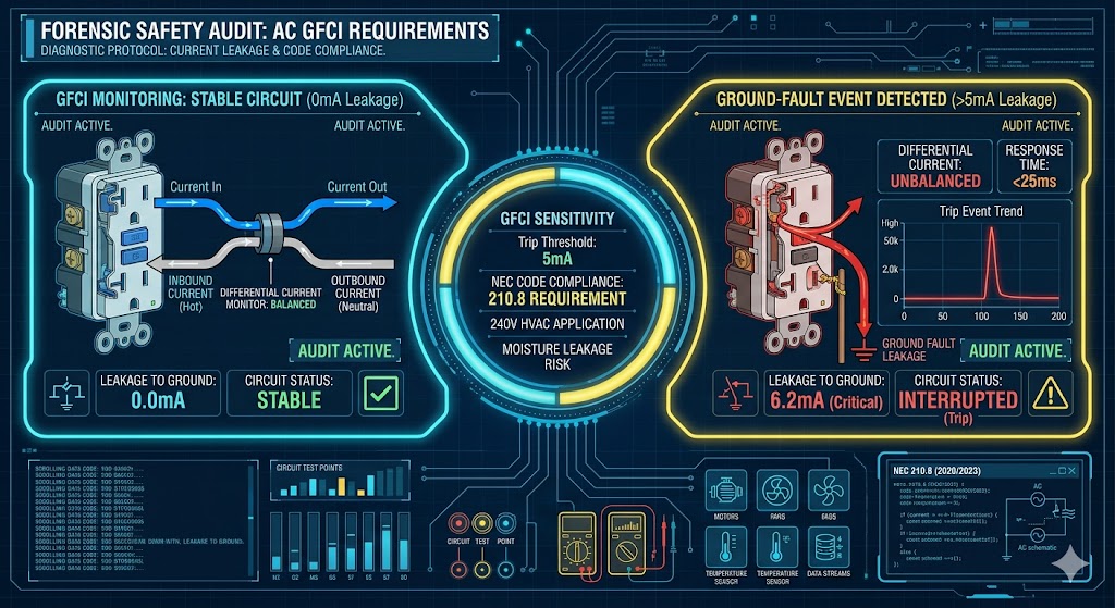 A technical electrical engineering infographic explaining how GFCI protection monitors current leakage in air conditioners to prevent ground faults, highlighting NEC safety standards.
