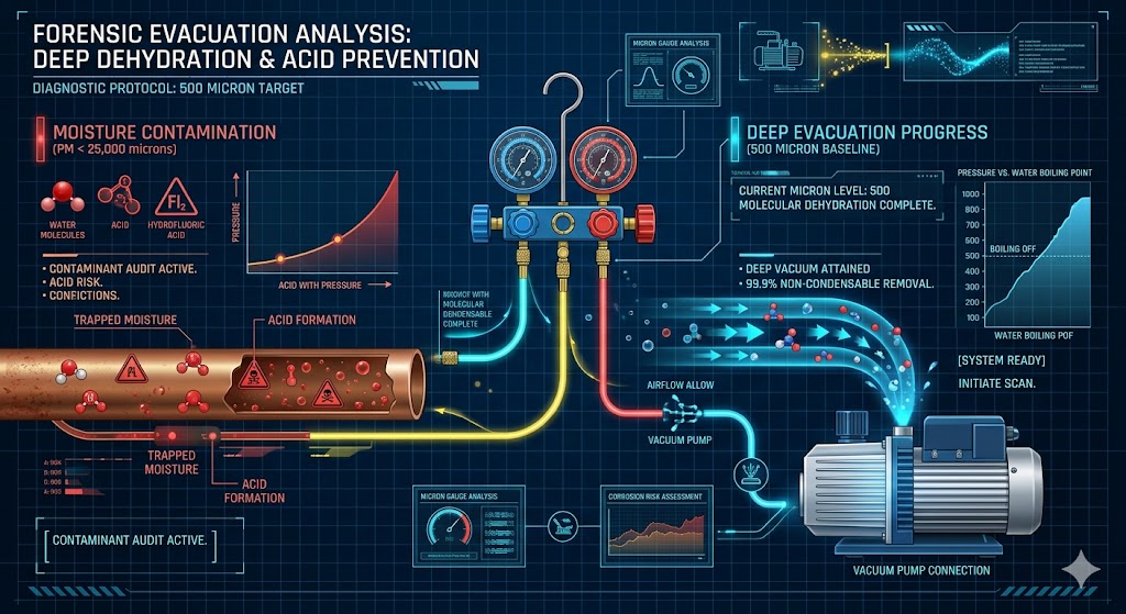 A technical HVAC engineering infographic showing the process of vacuuming an air conditioner to remove moisture and non-condensables, featuring a micron gauge and deep evacuation HUD.