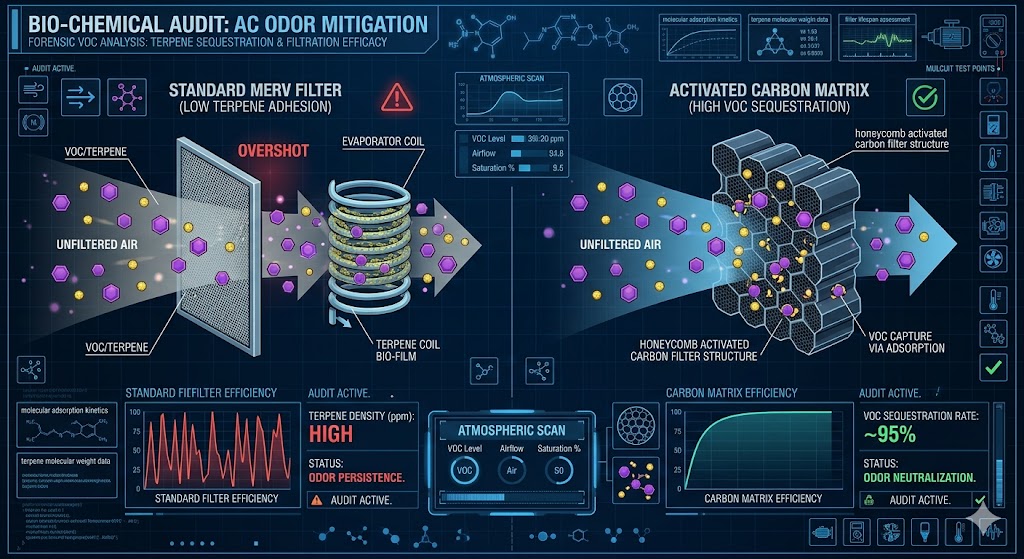 A technical HVAC engineering infographic explaining how air conditioners interact with weed smell through VOC sequestration and activated carbon filtration.