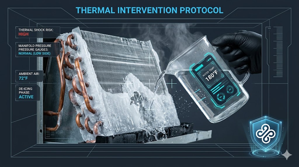 HVAC Diagnostic HUD View: Forensic Audit of Hot Water Thermal Shock Risk on Frozen AC Coil
