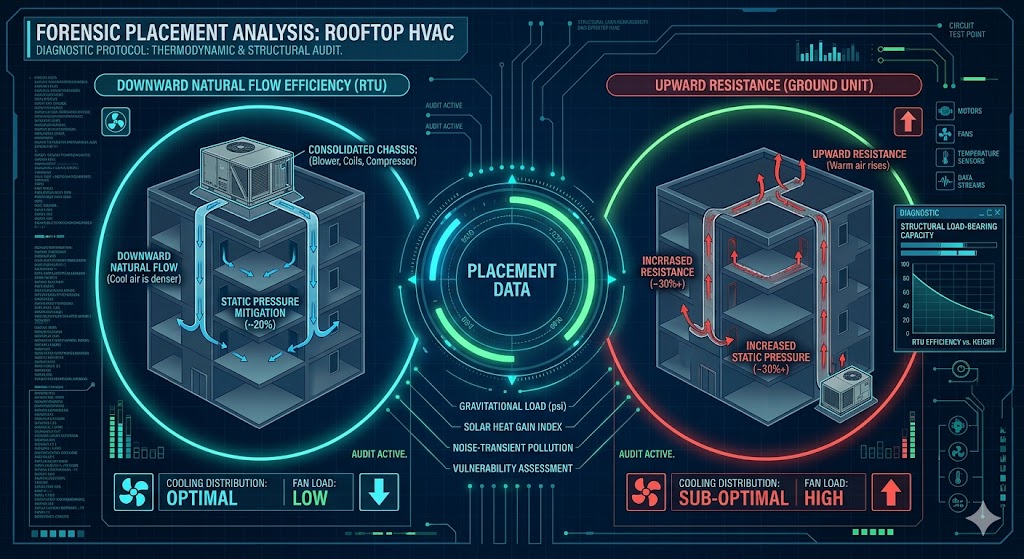 A technical engineering infographic explaining why air conditioners are placed on roofs, comparing downward airflow efficiency against ground-based upward resistance.