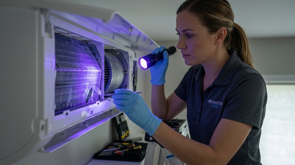 An HVAC technician using a UV flashlight to inspect an indoor air conditioning unit for mold and bacterial growth on the coils.