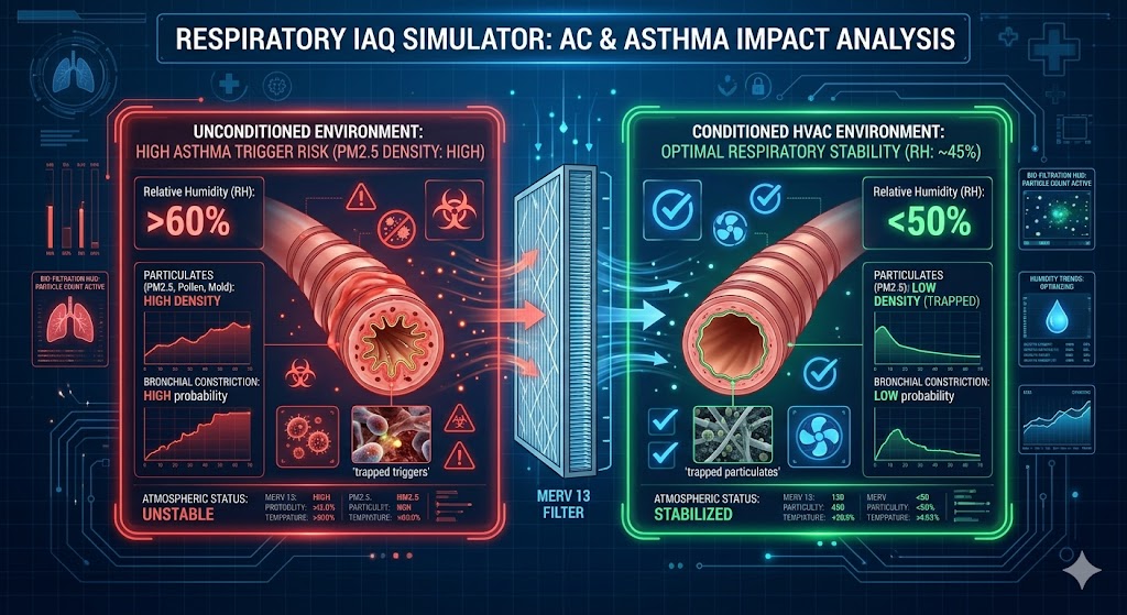 A technical medical-engineering infographic showing the effects of air conditioning on asthma, comparing unconditioned air with high humidity and dust mites against sterile HVAC-conditioned air.