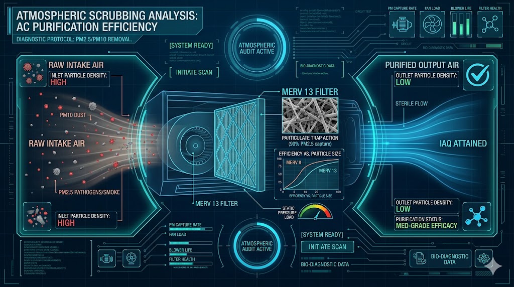 A technical atmospheric engineering infographic analyzing an HVAC unit acting as a secondary air scrubber to remove microscopic dust, pollen, and pathogens using MERV-rated filtration.