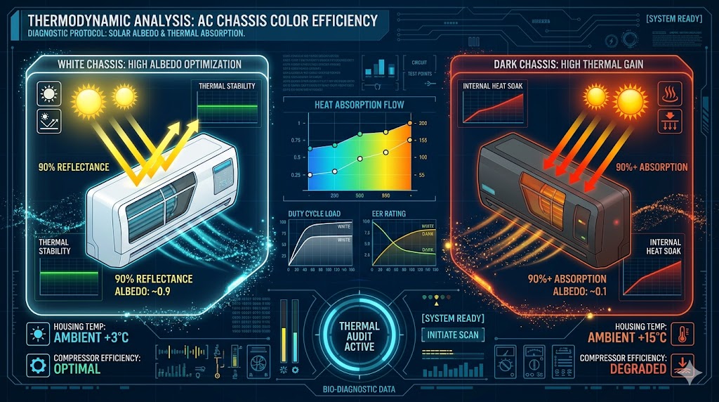 A technical engineering infographic comparing the solar reflectance (Albedo) and thermal heat soak of white vs dark air conditioner chassis.