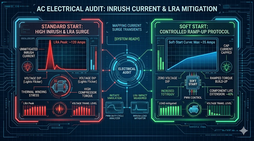 A technical electrical engineering infographic comparing AC inrush current spikes (Locked Rotor Amps) vs a semiconductor-managed soft start ramp-up.