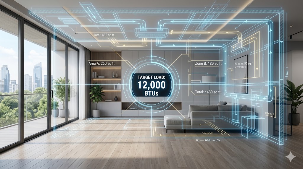 Digital blueprint overlay of a modern living room showing HVAC airflow lines and a target load of 12,000 BTUs.