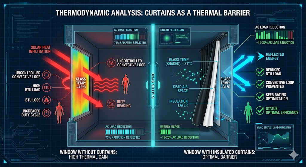 A technical HVAC engineering infographic comparing solar heat infiltration in a room with and without insulated curtains as a thermal barrier.