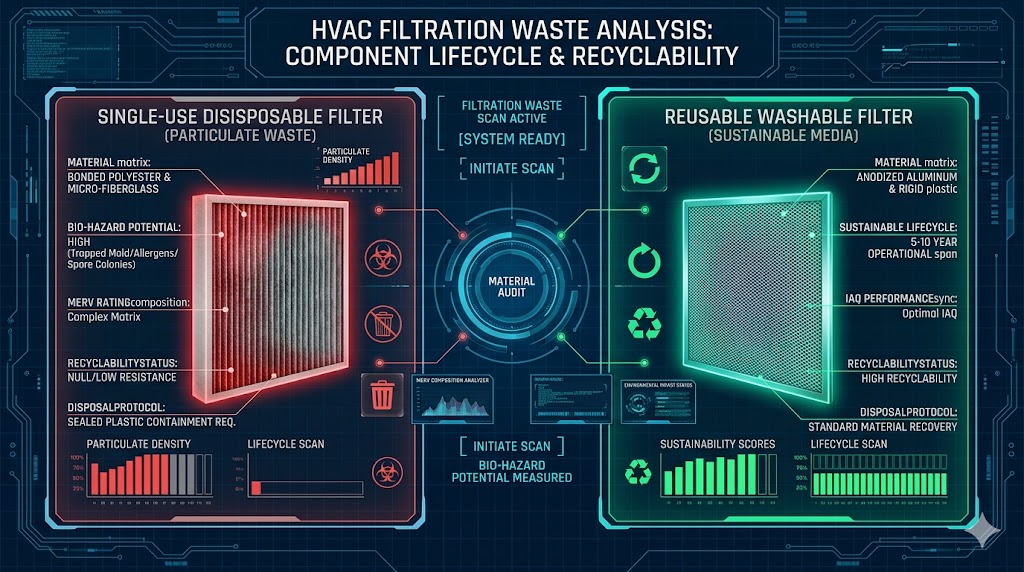 A technical HVAC engineering infographic comparing disposable particulate waste filters vs reusable sustainable media filters with bio-hazard and recyclability data.