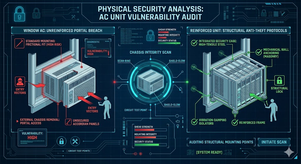 A technical security infographic auditing the vulnerability of window air conditioners vs reinforced units with high-tensile steel cages and masonry anchoring.