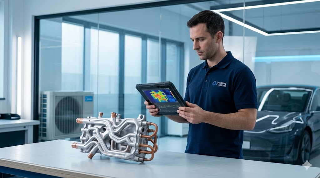 An engineer analyzing a high-tech heat pump manifold, comparing Tesla EV air conditioning efficiency to residential HVAC systems.