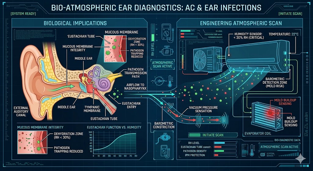 A technical medical-engineering infographic showing the correlation between air conditioning humidity levels, Eustachian tube function, and middle ear infection risks.