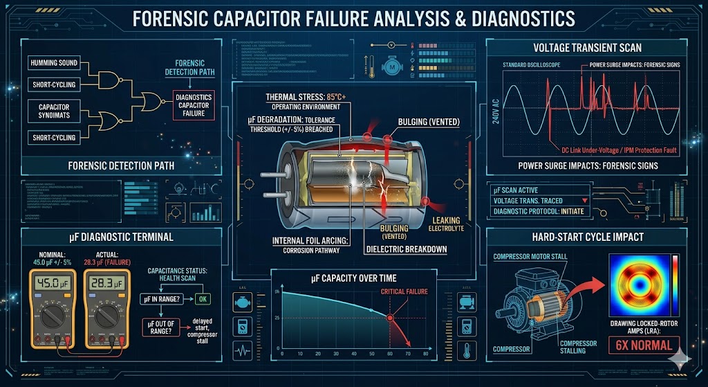Forensic engineering infographic showing the internal failure points of an AC capacitor due to thermal stress and voltage surges.