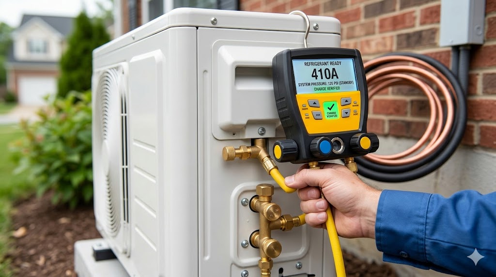 A technician's hand connecting a digital manifold gauge to a pre-charged heat pump unit to verify refrigerant pressure levels.