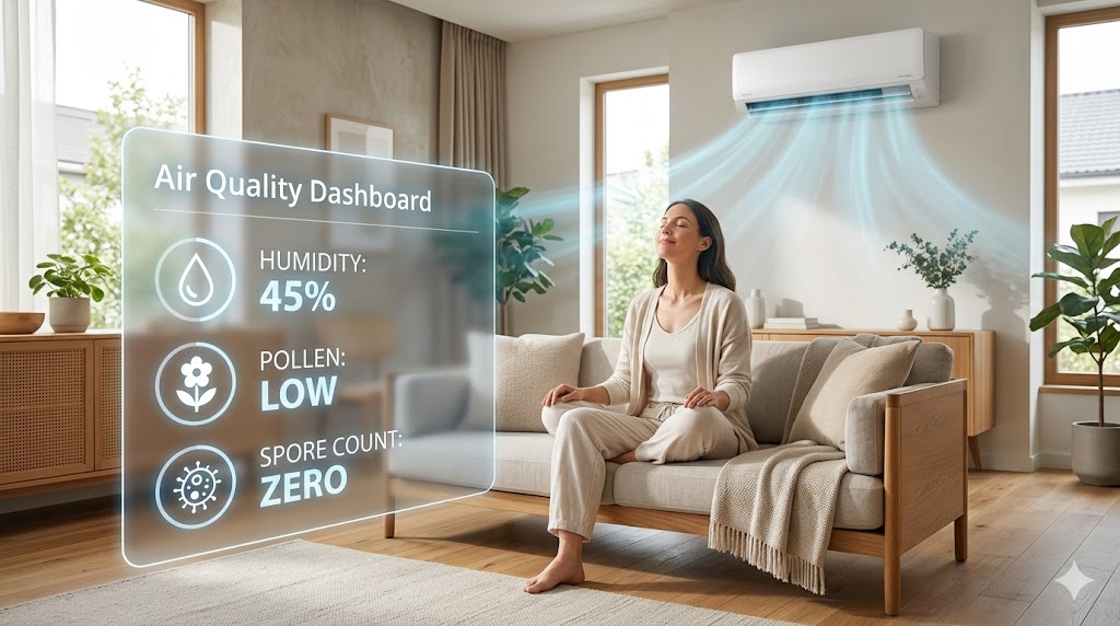 A digital air quality dashboard overlaying a modern living room, showing levels for humidity, pollen, and spores near a heat pump.