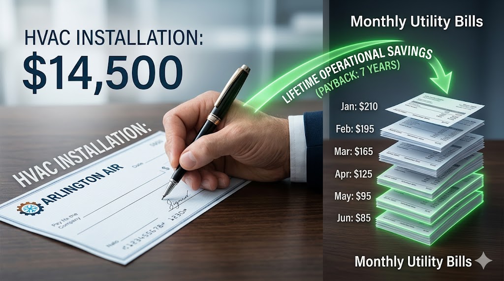 A split-screen image showing a high upfront installation cost check next to decreasing monthly utility bills with a green ROI arrow.