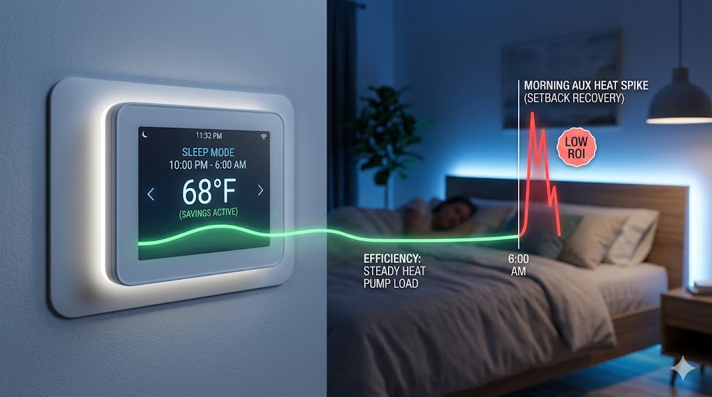 A smart thermostat in a bedroom showing a 68-degree sleep mode with an overlaid graph comparing steady heat pump efficiency to a morning auxiliary heat spike.