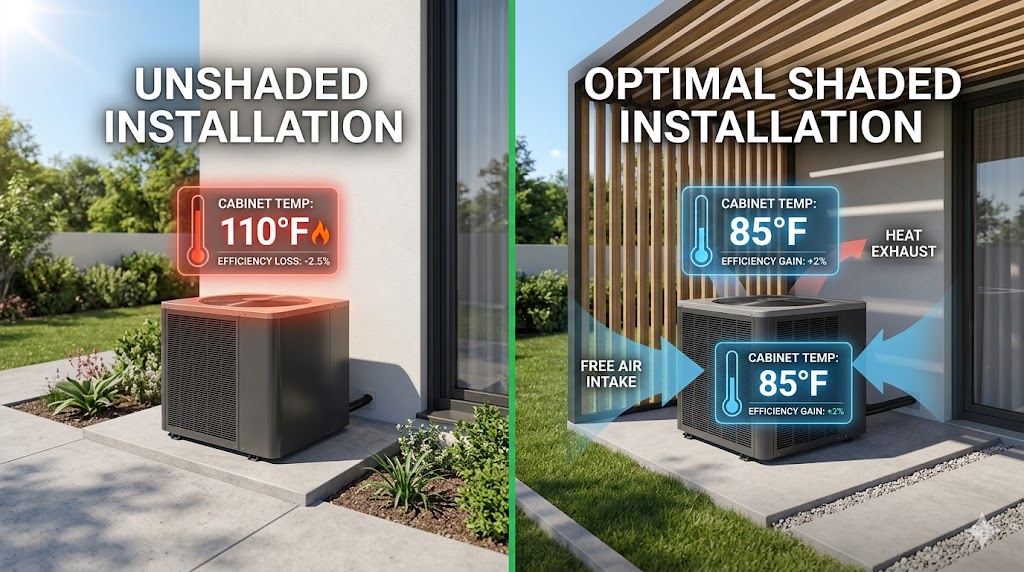 A split-screen comparison showing a heat pump in direct sun with high cabinet temperatures versus a shaded unit with clear airflow and optimal efficiency gains.